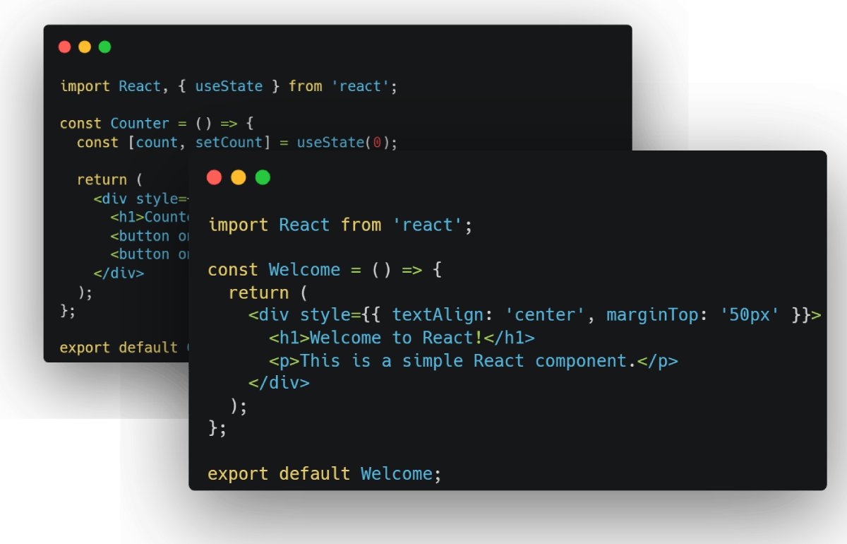 Tweetal voorbeelden van code die geprogrammeerd is in React.